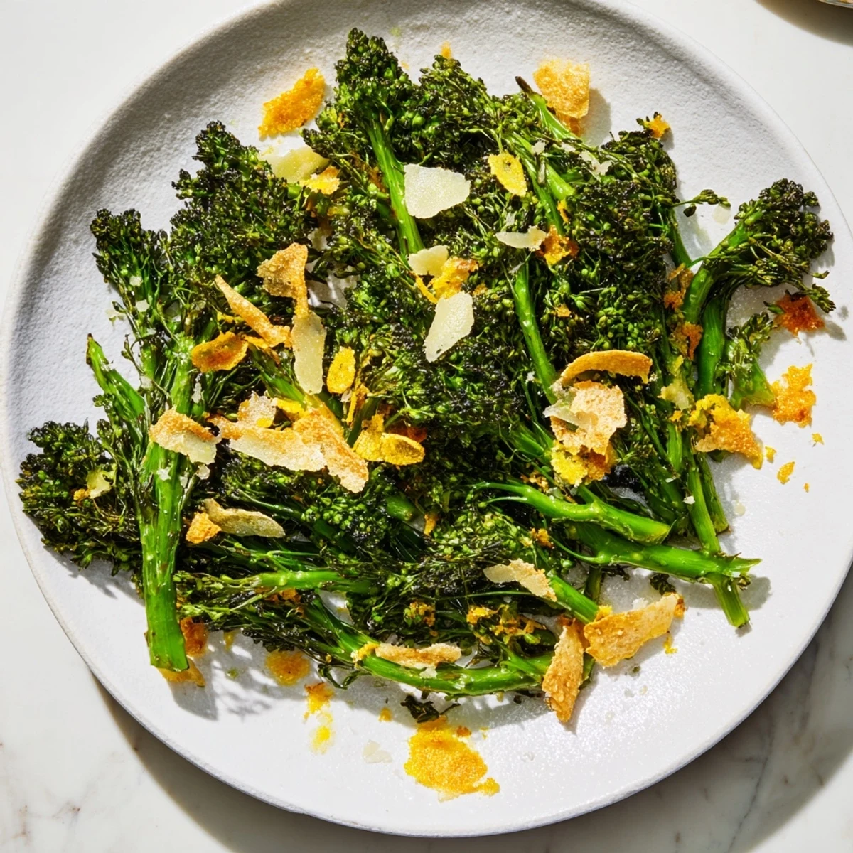 Freshly made Charred Broccolini Salad, plated and ready to eat: a bright, healthy side dish.