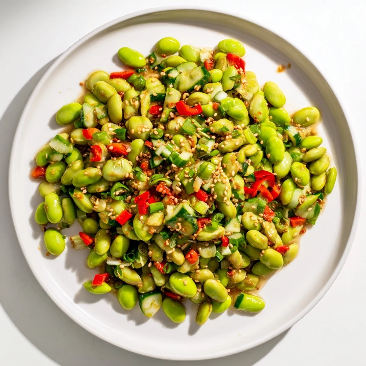 A delicious bowl of Edamame Salad, garnished with sesame seeds and fresh cilantro, is served.