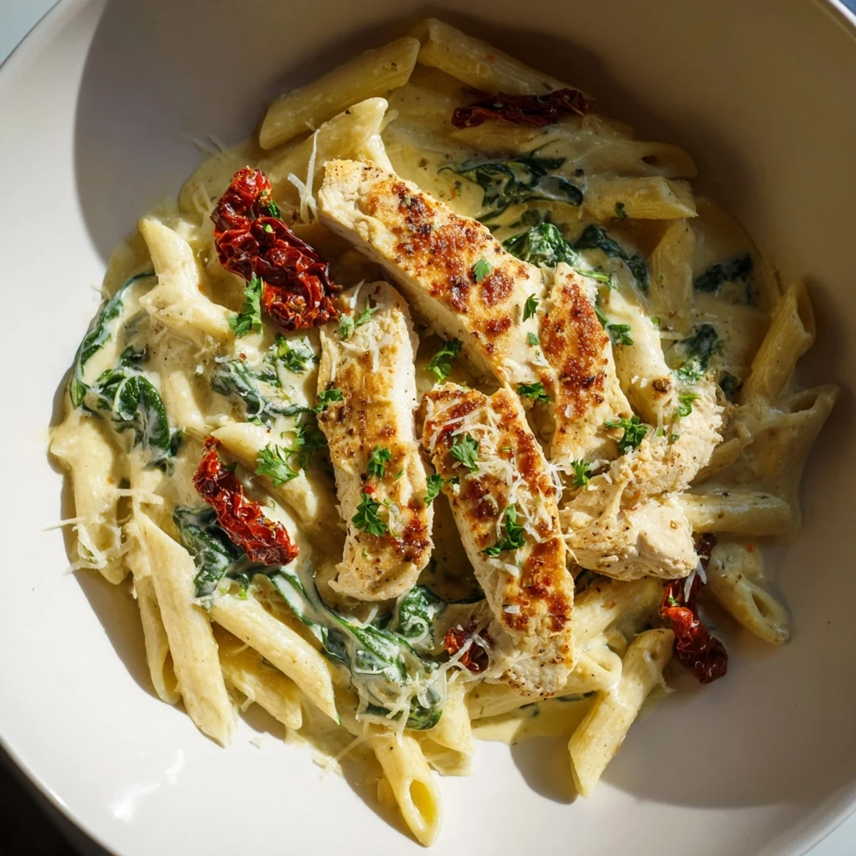 Golden chicken slices rest on creamy Creamy Tuscan Chicken Pasta, a comforting Italian-American meal.