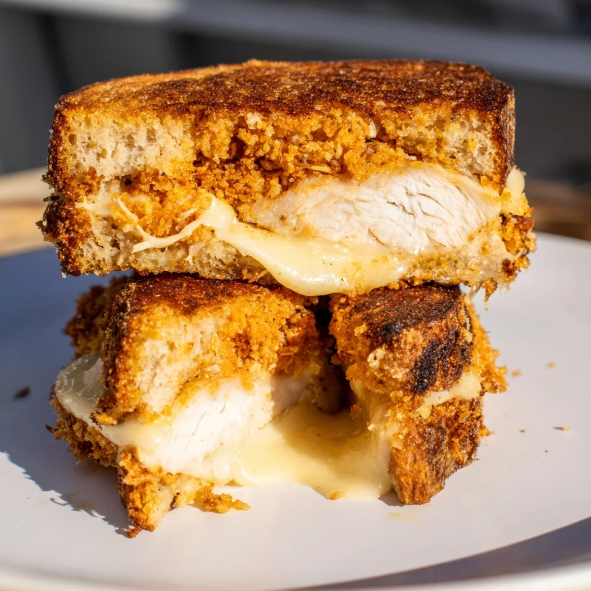 Mouthwatering close-up: Buttery grilled sourdough with the crunchy Parmesan Chicken Thighs—a quick dinner!