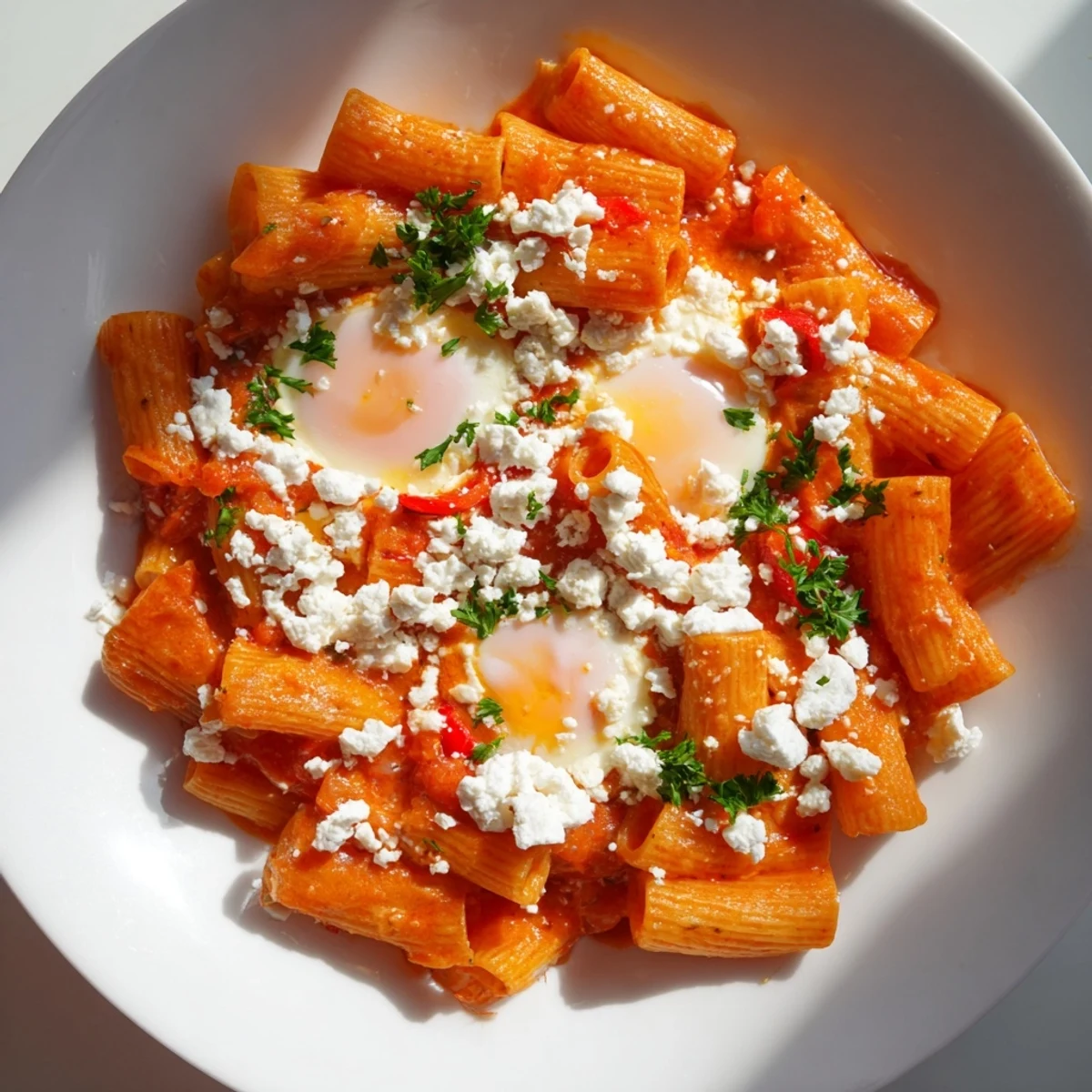 Quick Shakshuka Pasta: a vibrant skillet dish featuring perfectly cooked eggs nestled in a spicy tomato sauce.