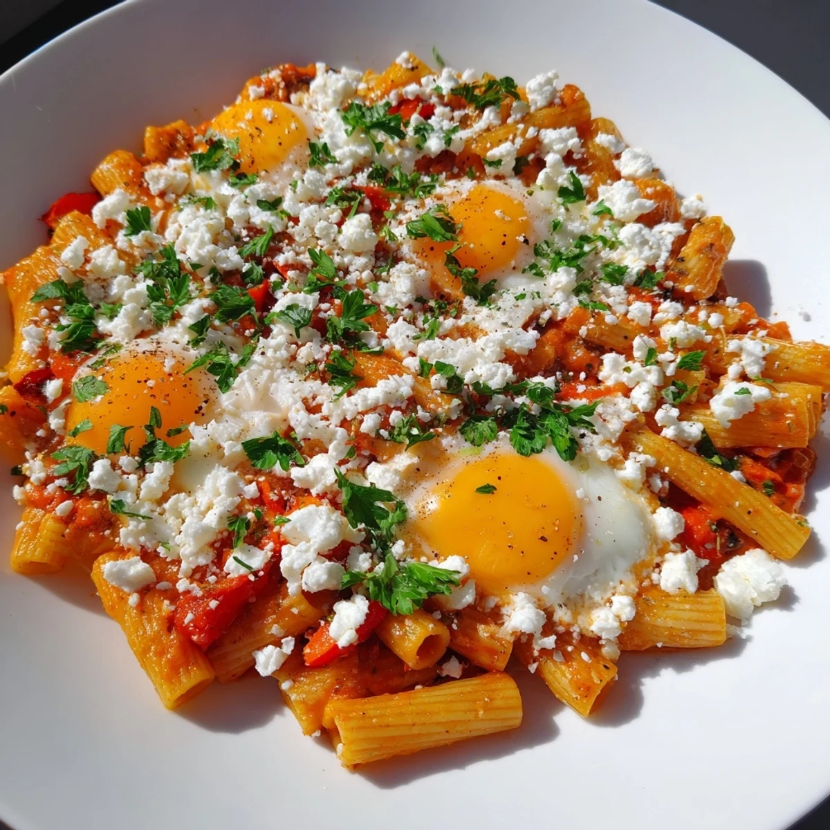 Enjoy a steaming bowl of Quick Shakshuka Pasta with hints of cumin and a sprinkle of fresh parsley on top.