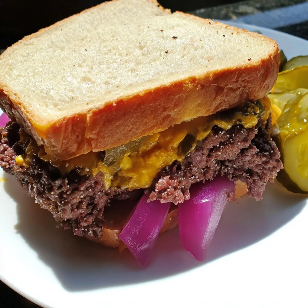 A split, steaming Smashed Burger Grilled Cheese, revealing melted cheese and a flavorful burger patty within.