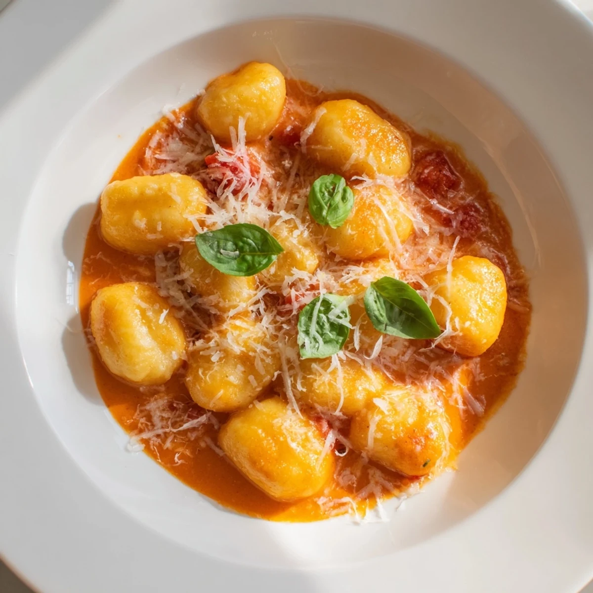 A close-up of creamy tomato gnocchi—pillowy gnocchi in a rich tomato sauce, perfect dinner!