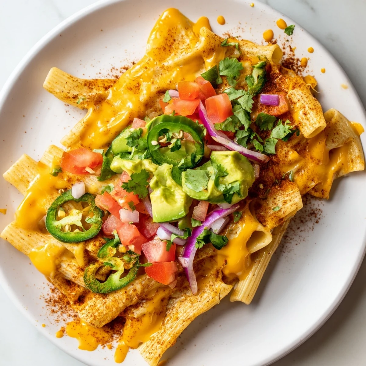 A close-up of pasta chips nachos: crispy baked pasta, creamy cheese, and colorful chopped vegetables.
