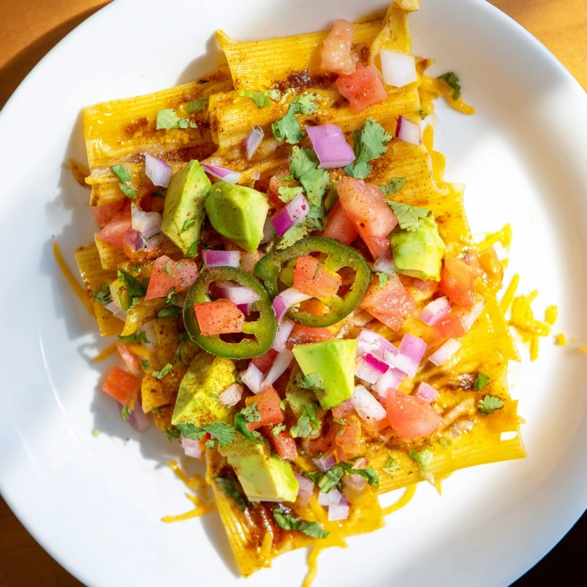 Savory pasta chips nachos served with a zesty sauce, a satisfying and shareable appetizer.