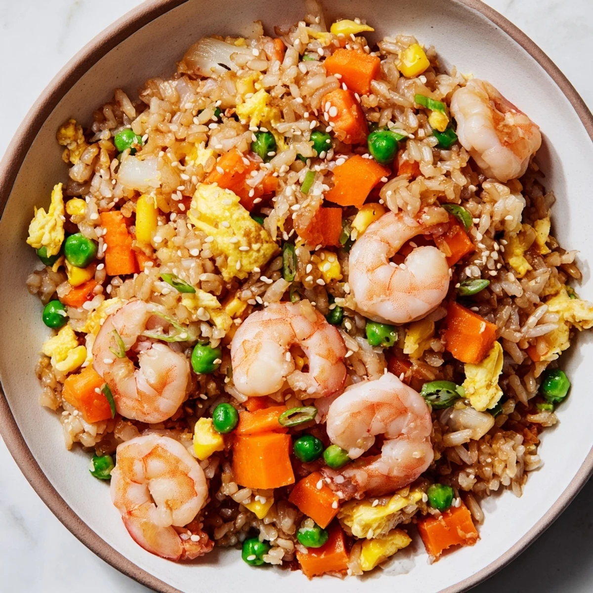 Golden shrimp fried rice with glistening shrimp and vibrant vegetables, a quick weeknight treat.