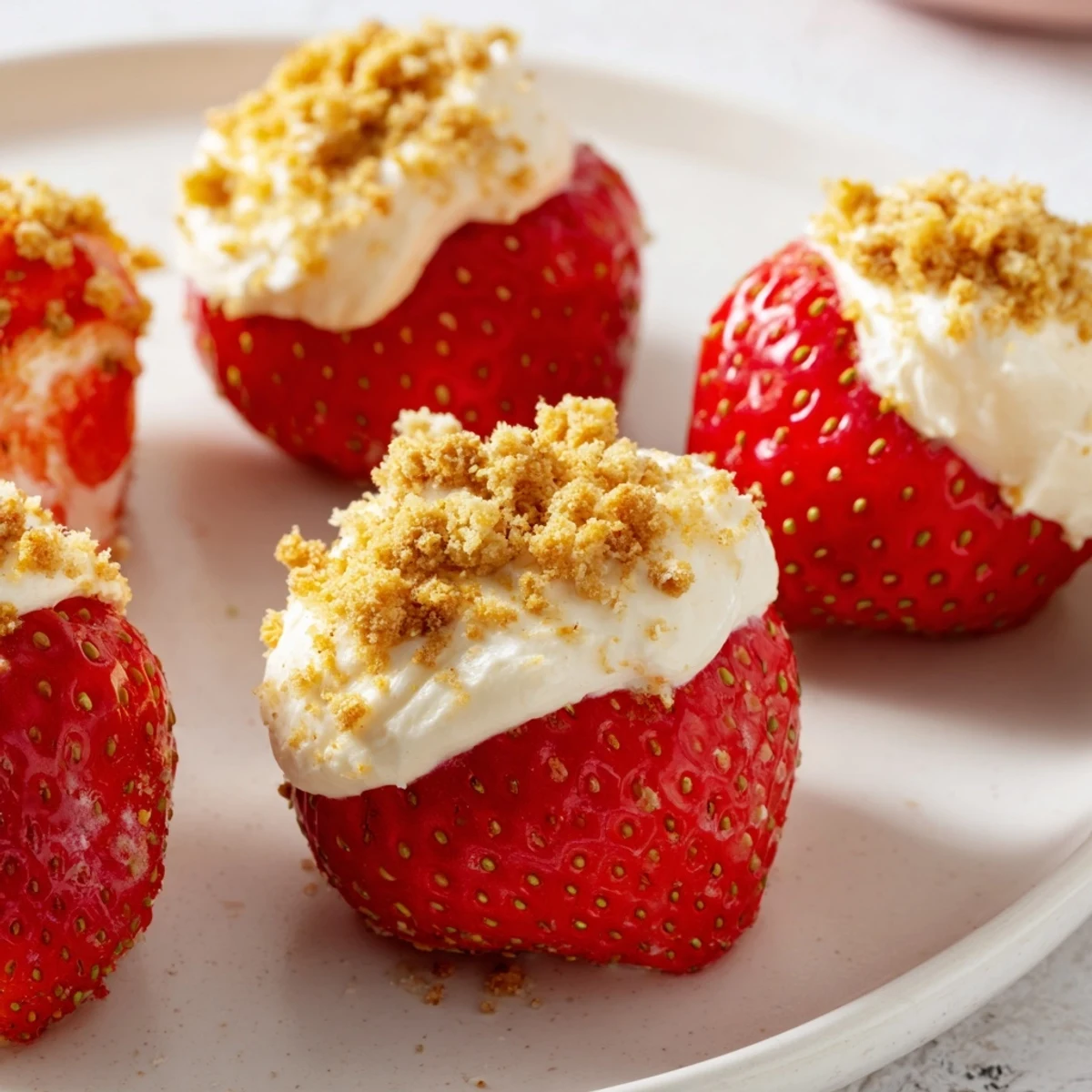 Fresh, vibrant Cheesecake Stuffed Strawberries, offering a delightful creamy filling with crunchy graham cracker topping.