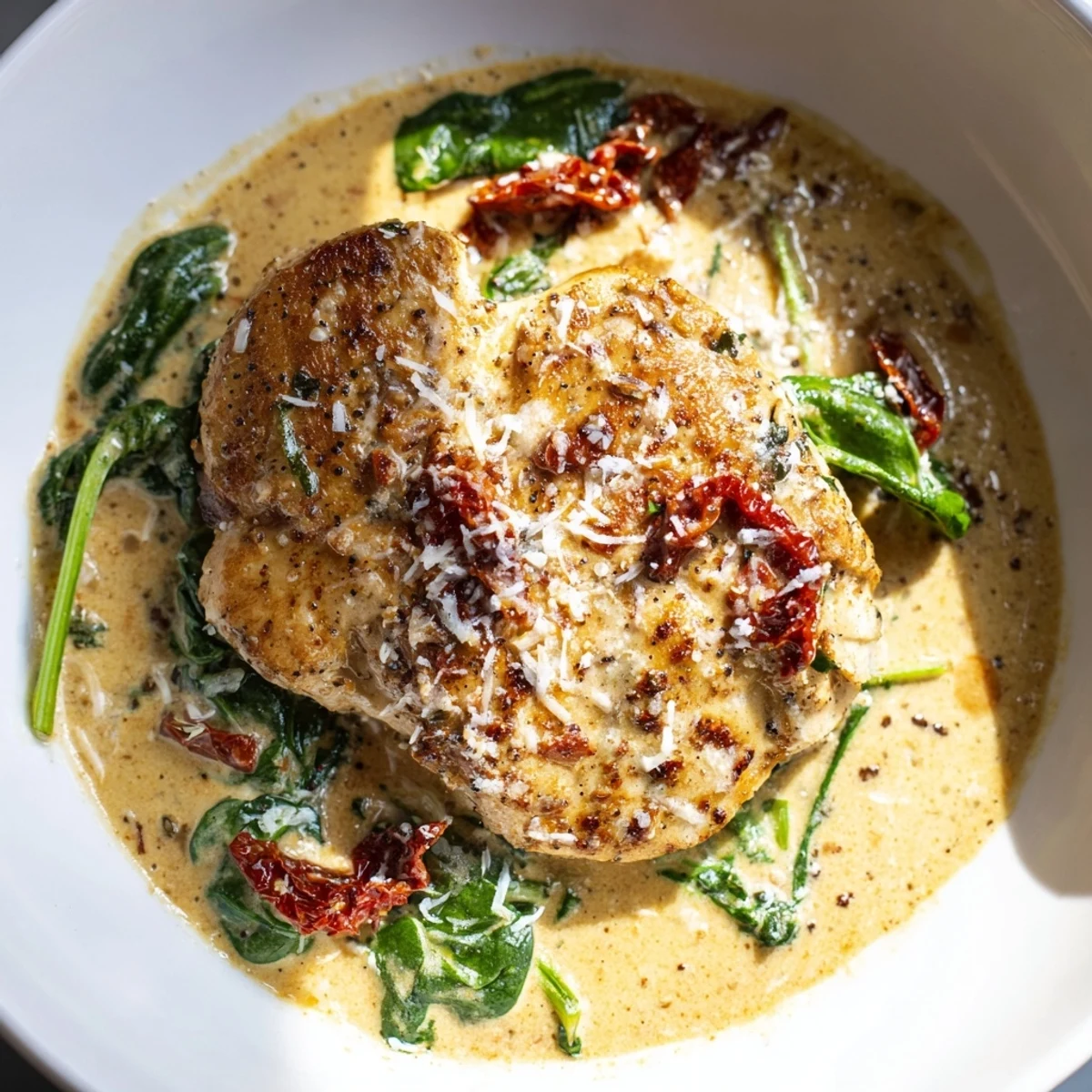 Close-up of Creamy Tuscan Chicken: succulent chicken in a creamy sauce, perfect for dinner.