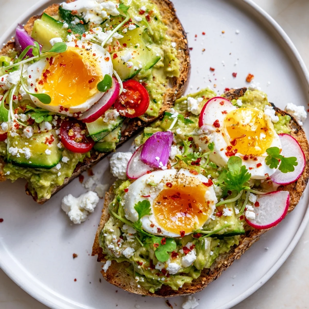 Golden sourdough Loaded Avocado Toast topped with vibrant veggies and a perfectly cooked egg.