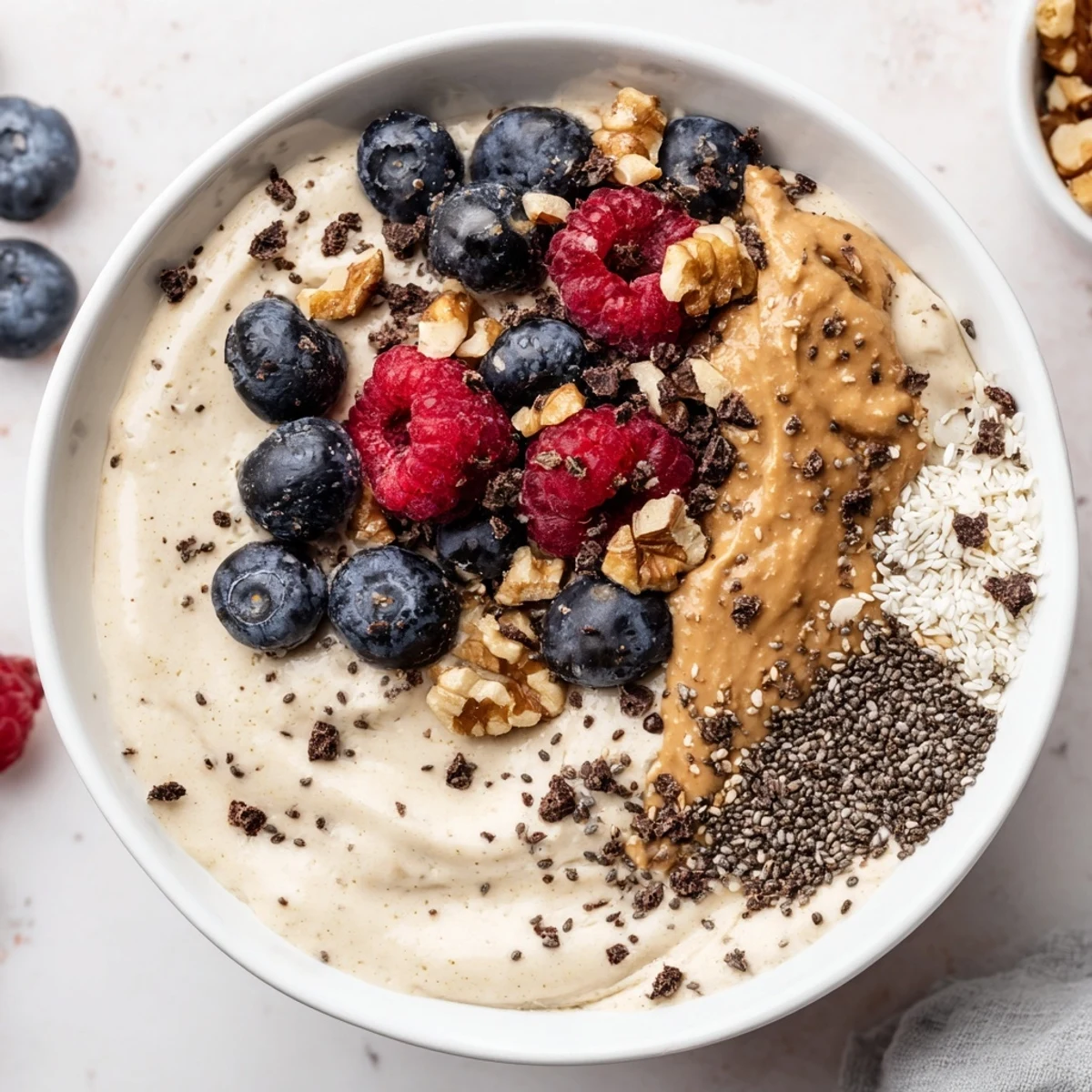 Creamy Protein Ice Cream Bowl with fresh berries; a homemade, healthy dessert for snacks.