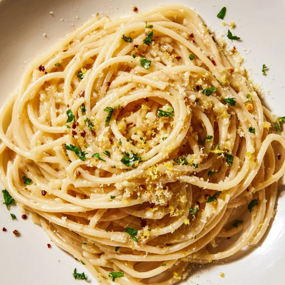 Steaming plate of garlic butter noodles, perfectly coated and garnished with fresh parsley.