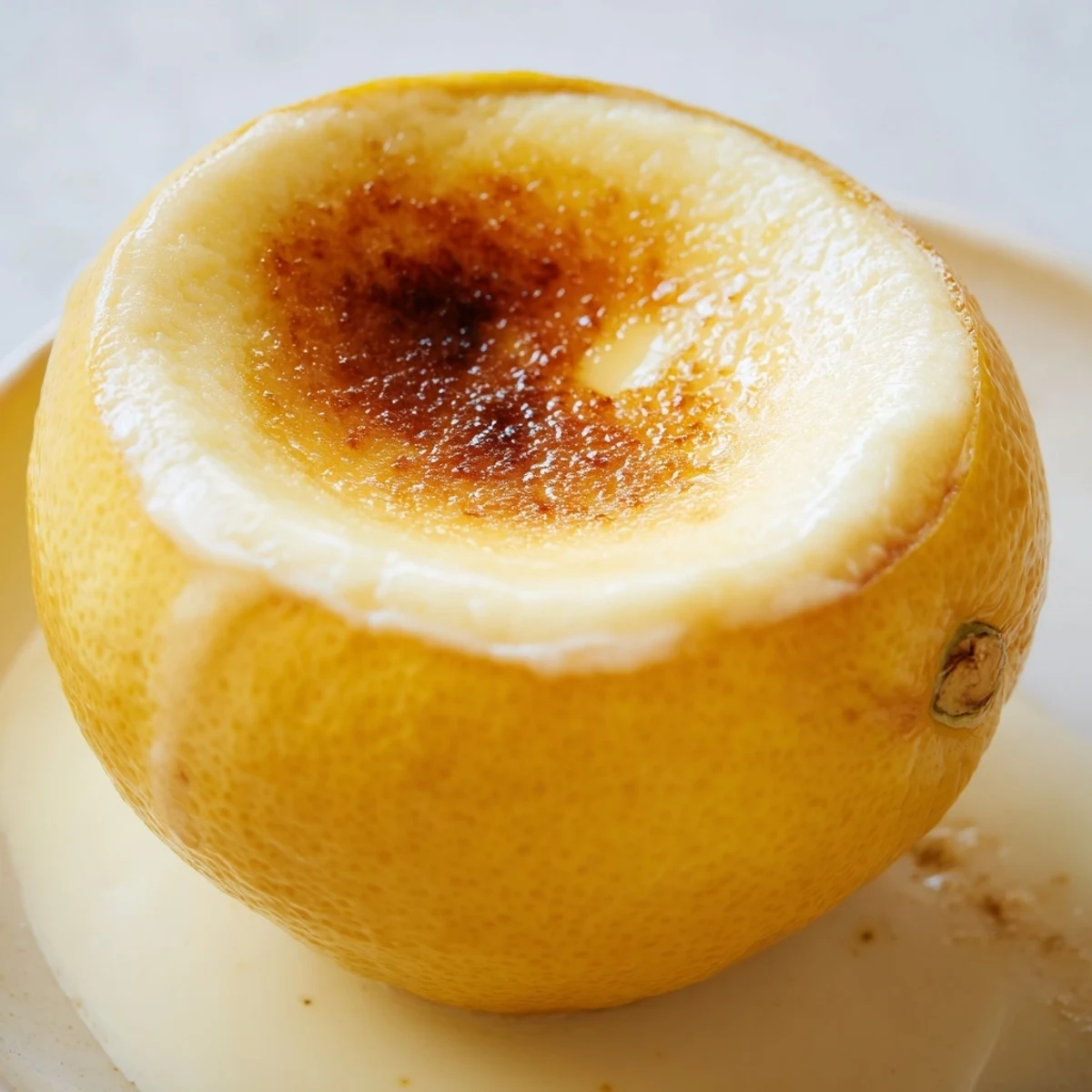 Creamy lemon brûlée posset with a crackled sugar top glistening under the light, so refreshing.