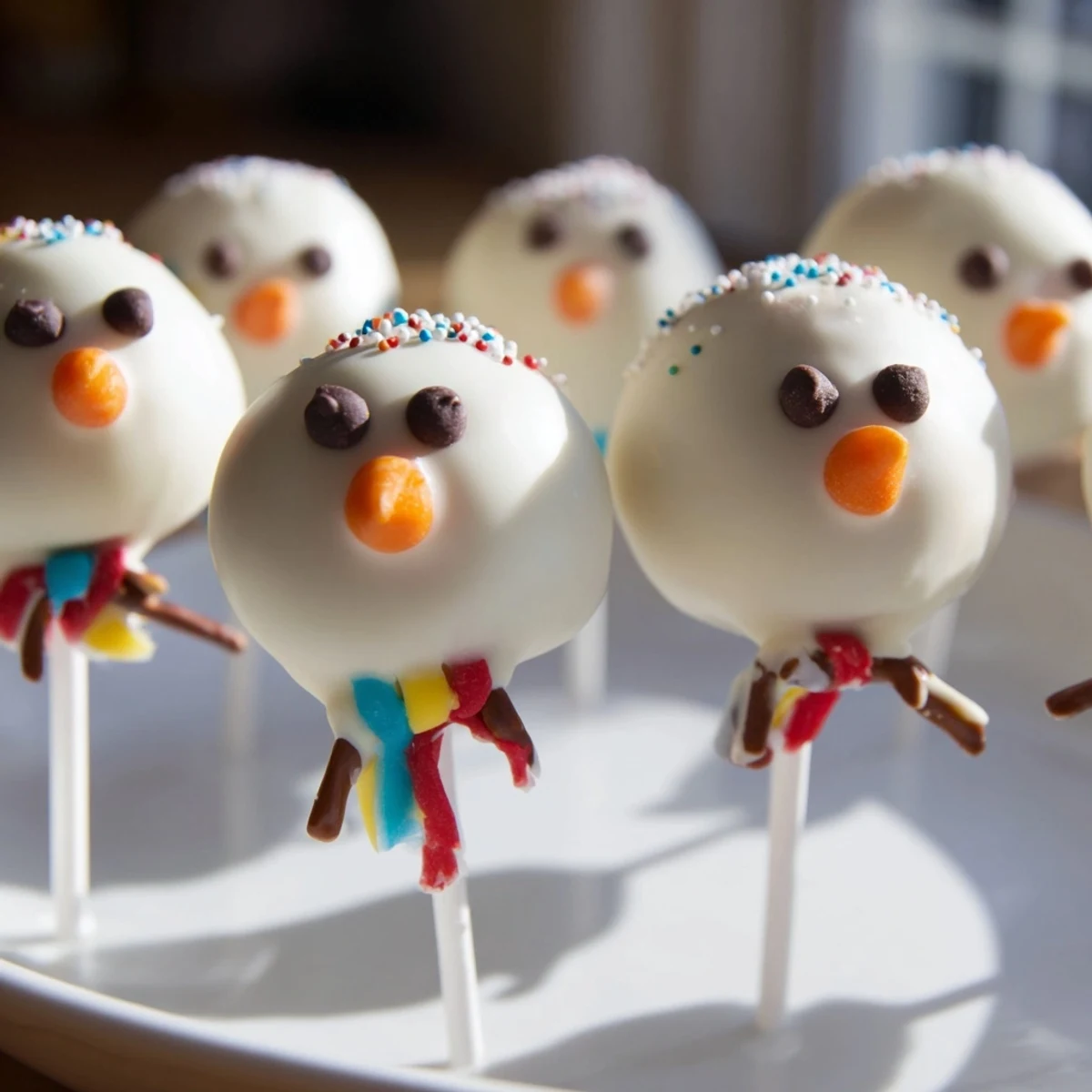 A close-up of delicious Oreo Snowman Cake Pops, decorated with chocolate chips and pretzel stick arms, perfect dessert.