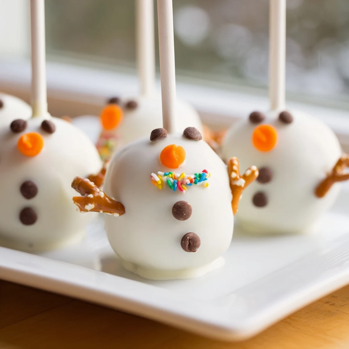 Festive Oreo Snowman Cake Pops, arranged on a tray, with chocolate chip eyes and a charming carrot nose.