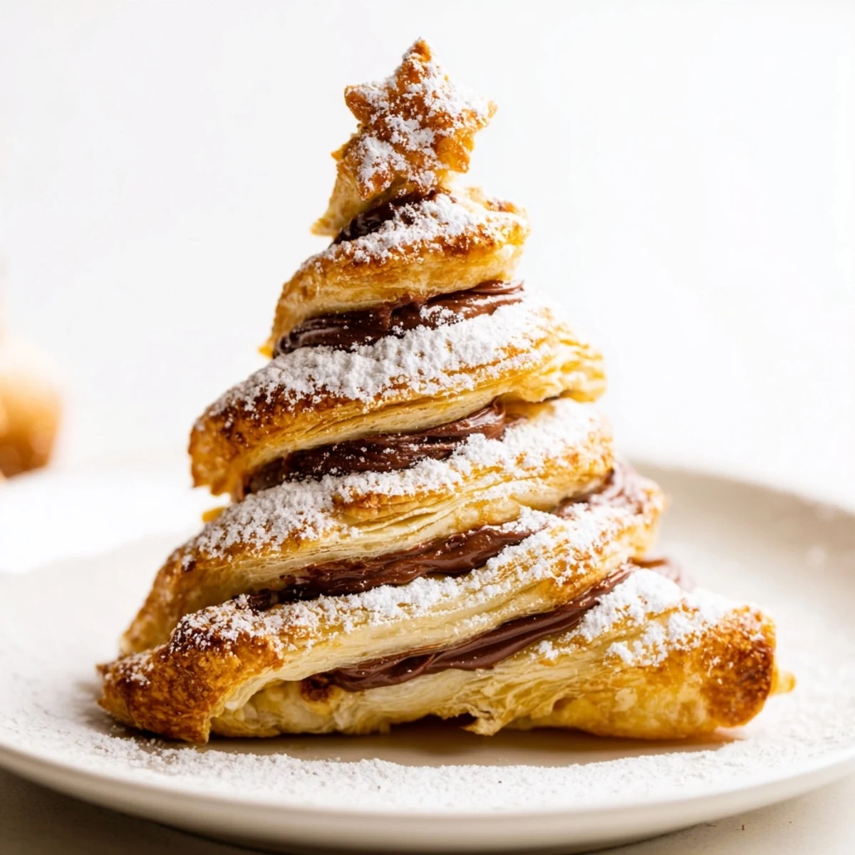 Festive golden-brown Nutella Pastry Christmas Trees, fresh from the oven, offering a delightful flaky, chocolate-hazelnut taste.