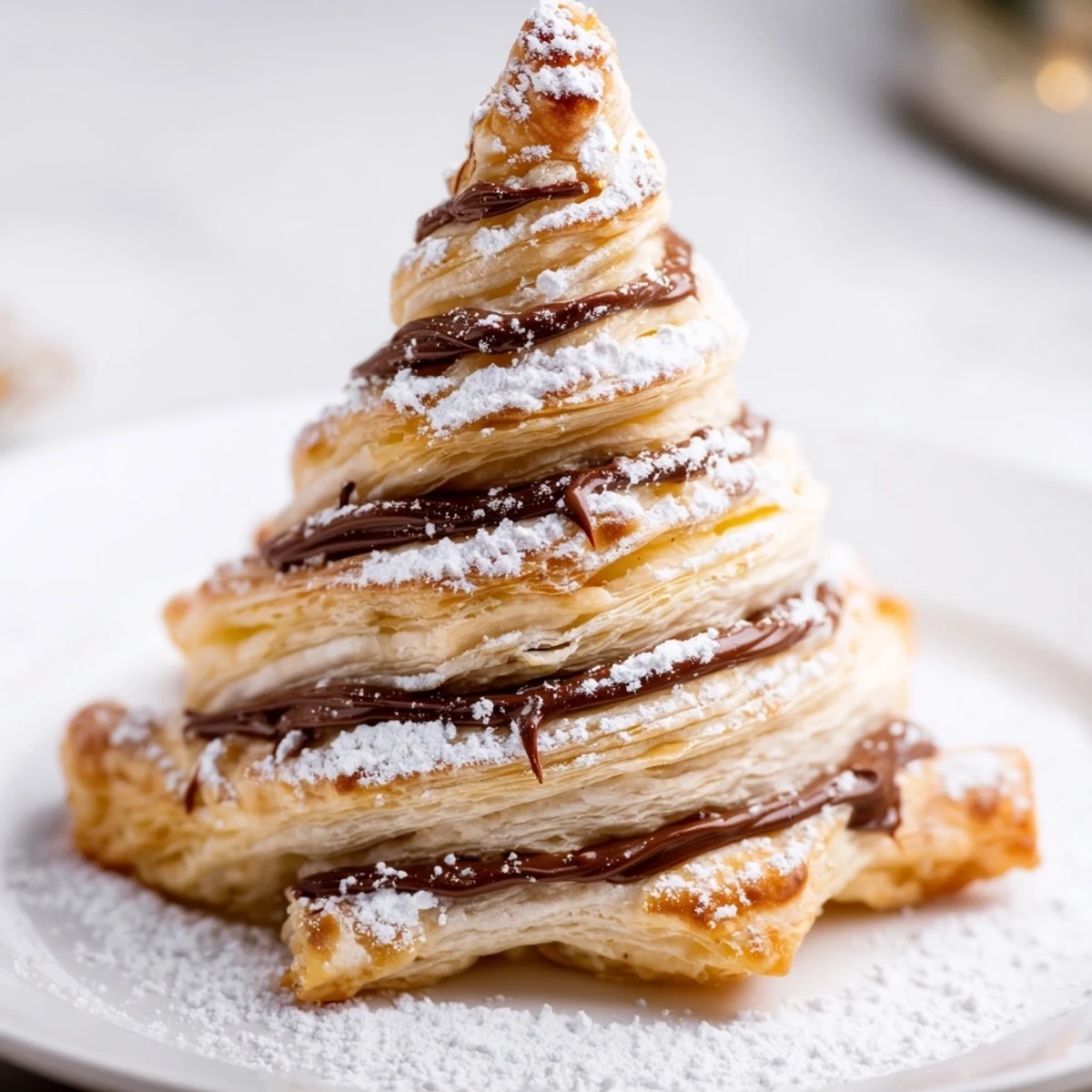 Visualize these adorable Nutella Pastry Christmas Trees: Flaky pastry with rich Nutella filling, dusted with powdered sugar.