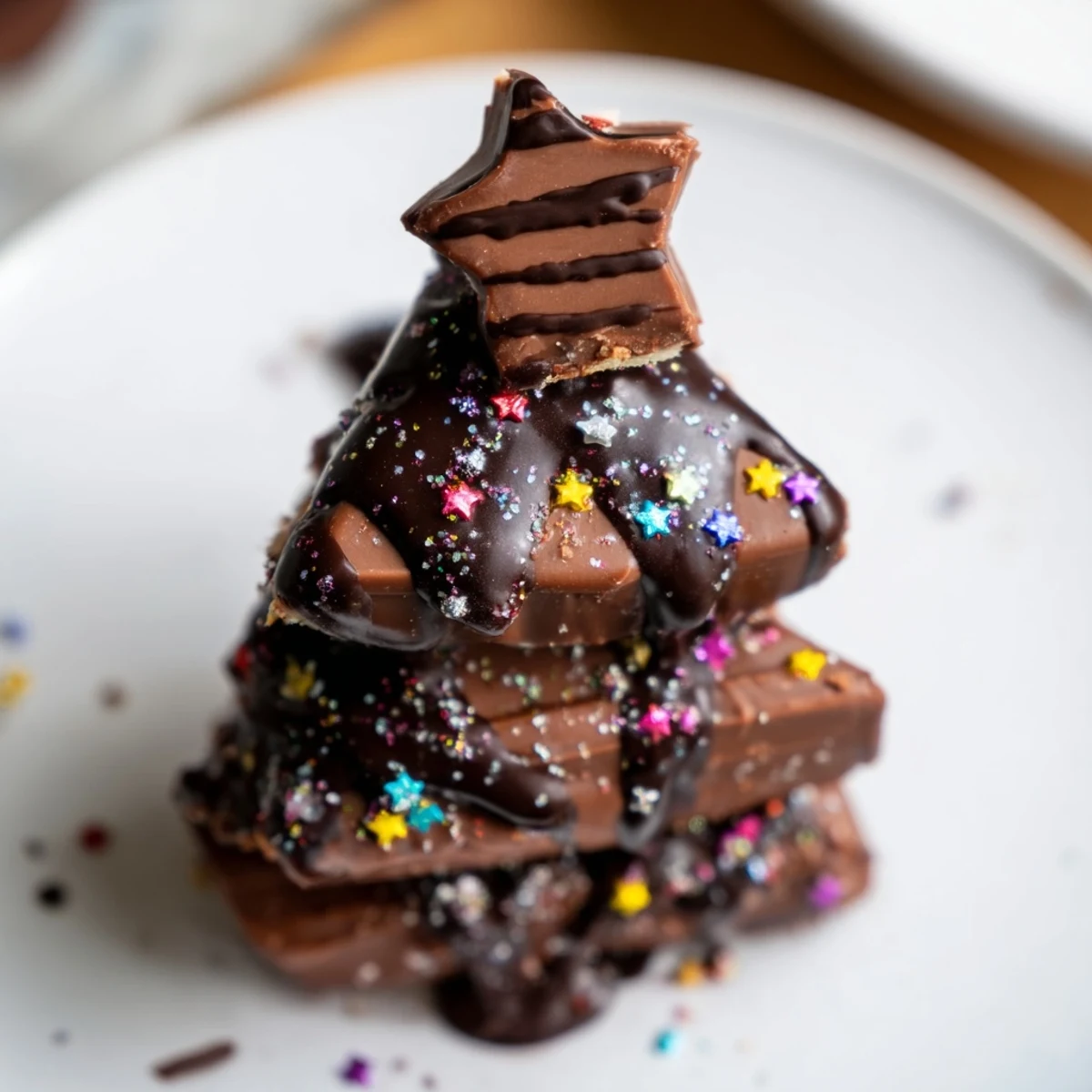 Festive Chocolate Kinder Christmas Trees glistening with chocolate drizzle and colorful sprinkles, ready to serve.
