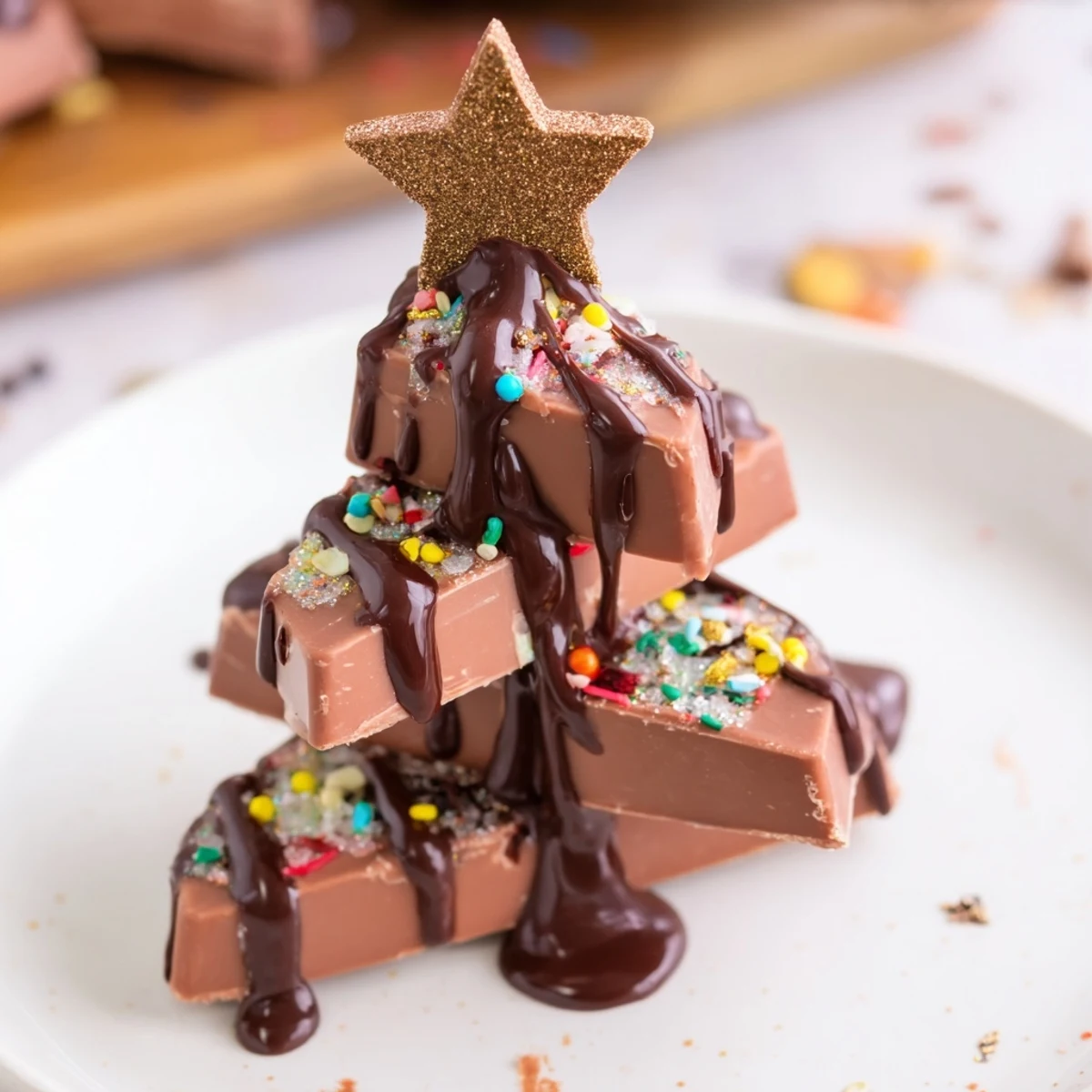 Stacked mini Kinder bars transform into delicious Chocolate Kinder Christmas Trees, a delightful holiday dessert.