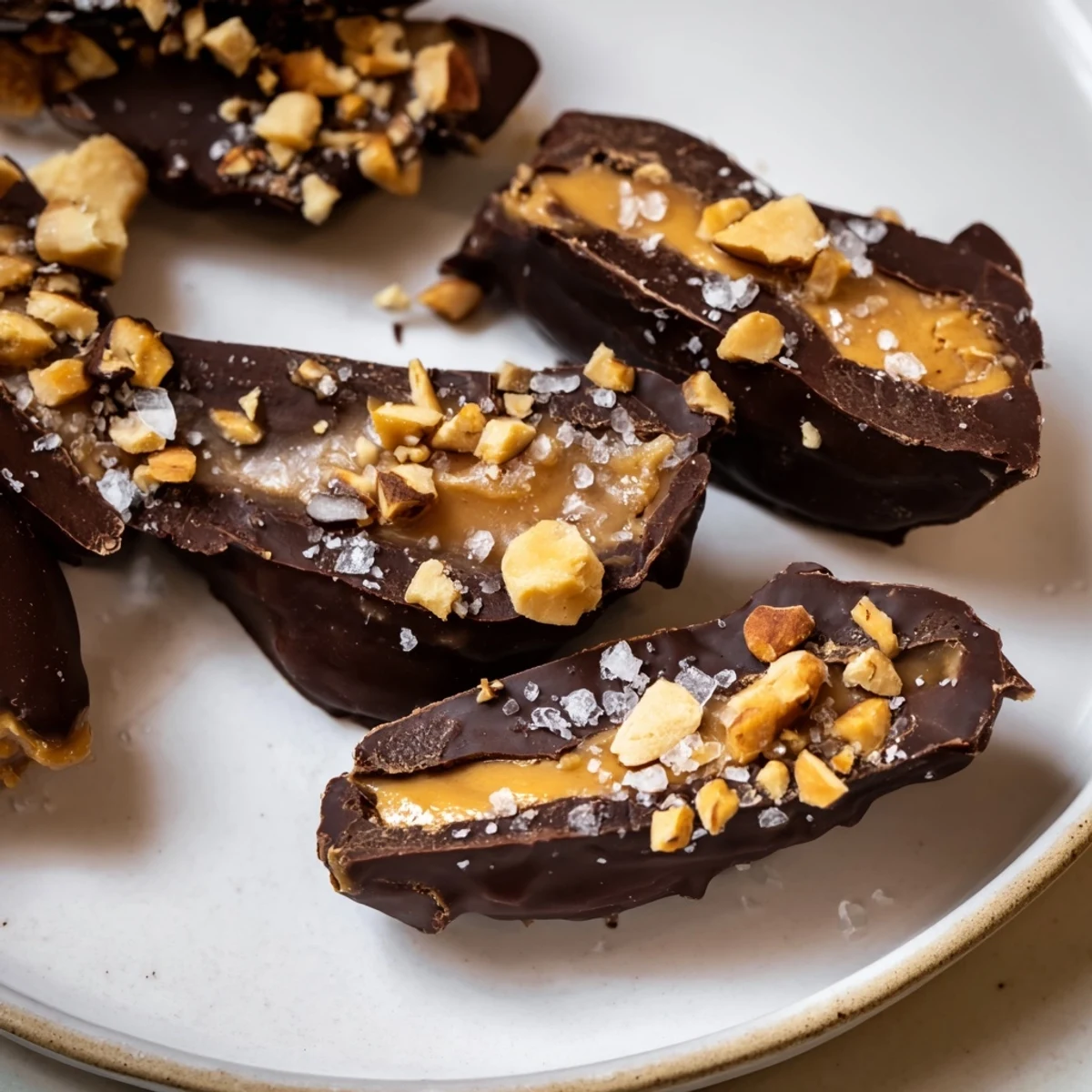 Frozen Date Bark Snickers-Style is expertly cut, displaying layers of peanut butter and chocolate, ready to enjoy.