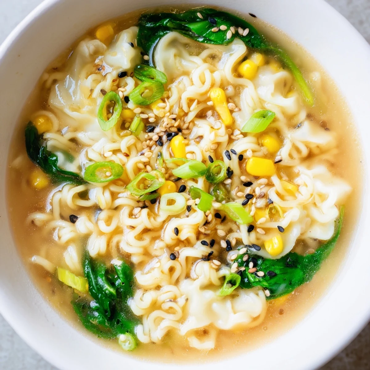 A steaming bowl of flavorful Elevated Ramen Egg Drop Soup, garnished with scallions and sesame seeds.