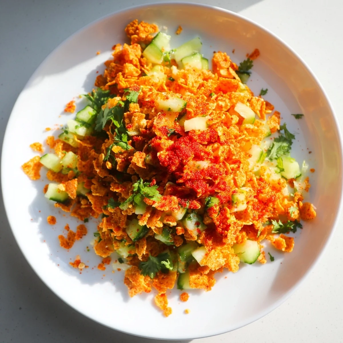 A bowl of fresh Flamin Hot Cheeto Salad, ready to enjoy as a flavorful, quick, and easy snack.