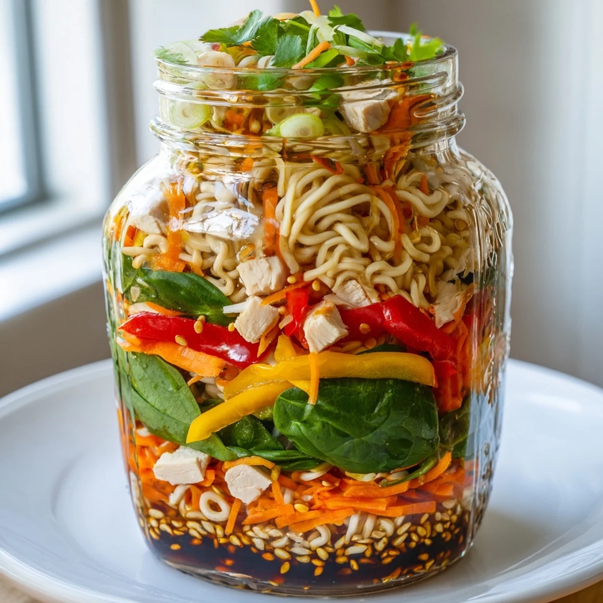 Mason jar noodle meal prep with colorful vegetables and protein, ready for a quick lunch.