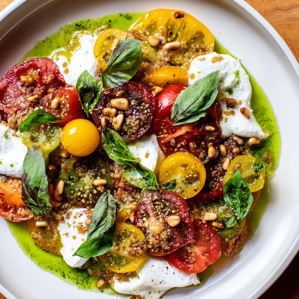 Vibrant heirloom tomato salad board featuring colorful tomatoes, creamy burrata, and fresh basil drizzle.