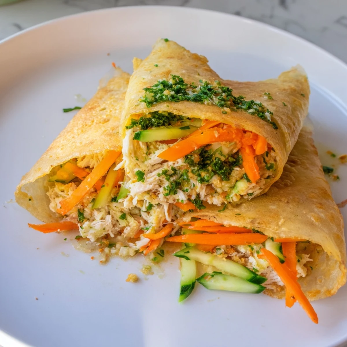 Golden-brown Garlicky Pulled Chicken Wraps sit ready to eat, filled with flavorful shredded chicken.