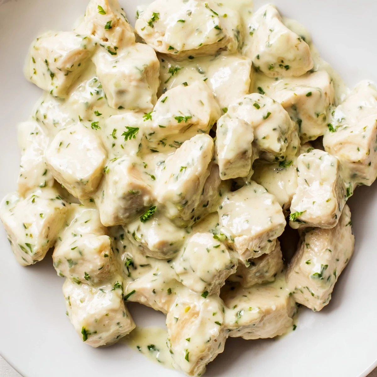 Juicy, herb-coated chicken chunks glazed in creamy Green Goddess dressing sit atop a vibrant bed of mixed greens, cherry tomatoes, and avocado.