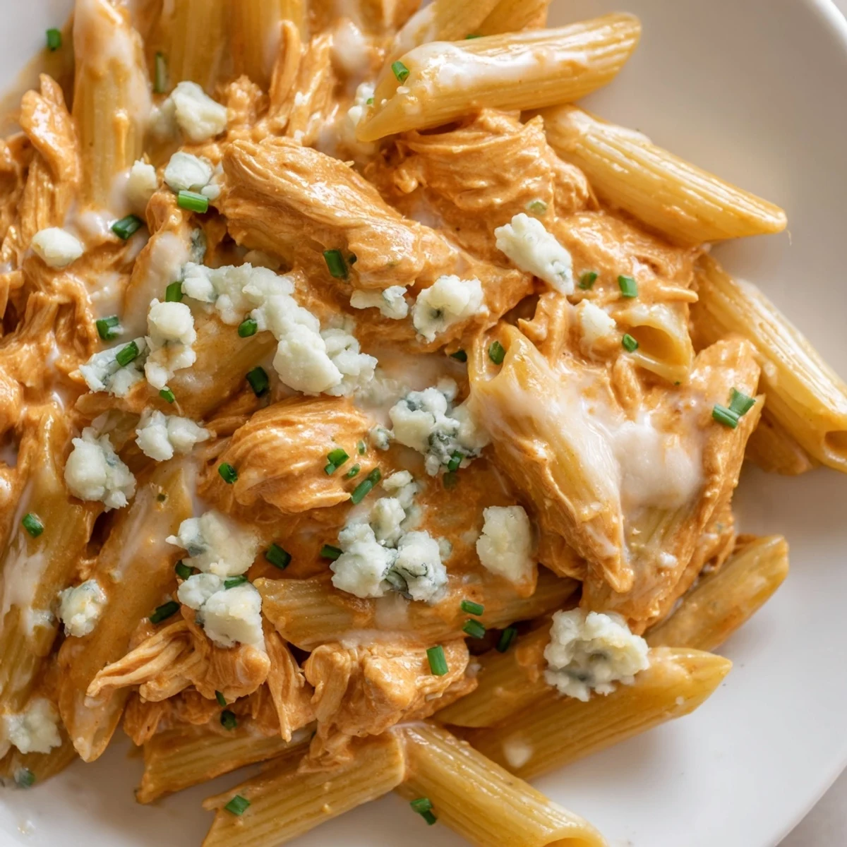 Creamy buffalo chicken pasta with penne noodles, melted mozzarella, and crumbled blue cheese, garnished with fresh chives.  