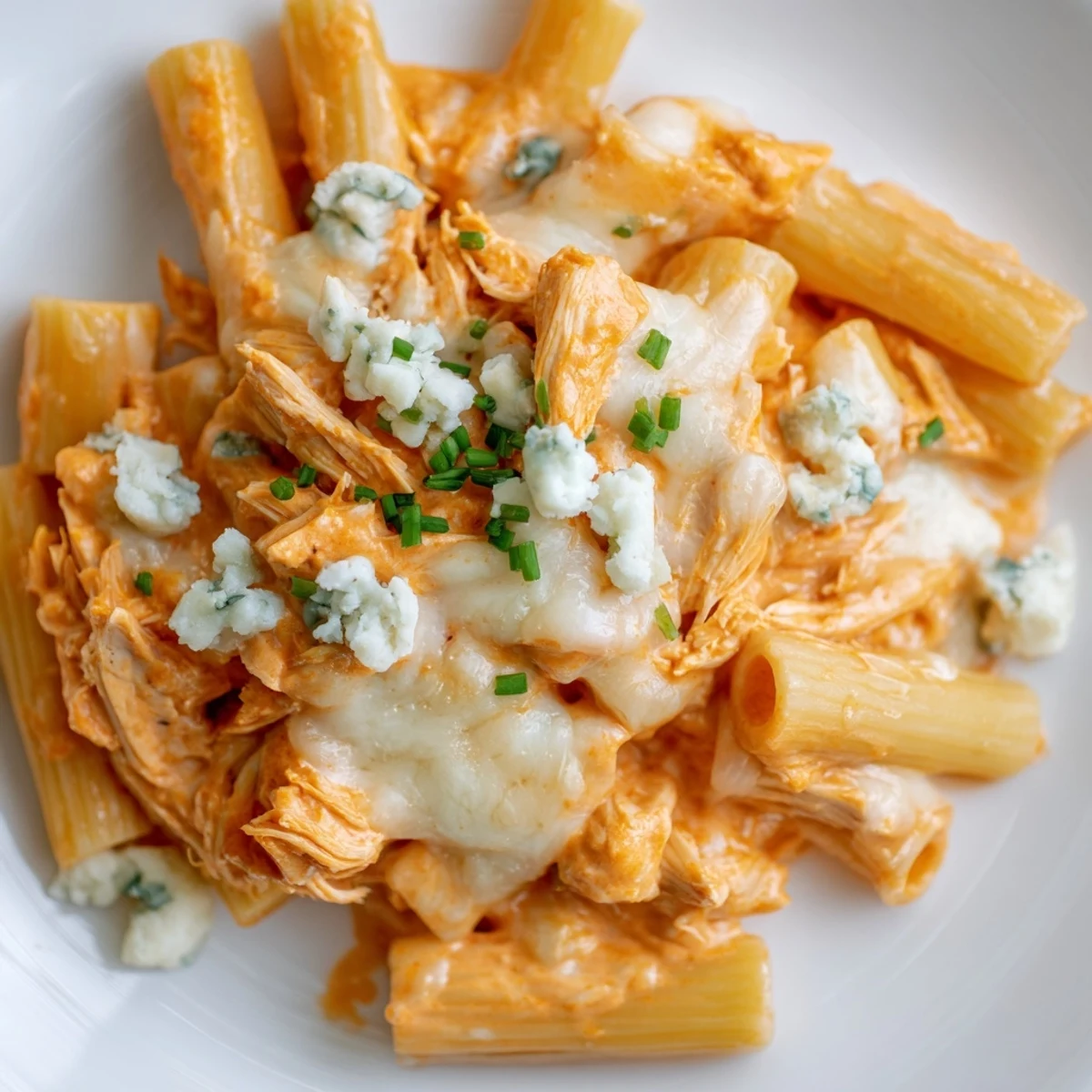 A skillet of spicy buffalo chicken pasta, served hot with a side of crisp celery sticks and ranch dressing.  