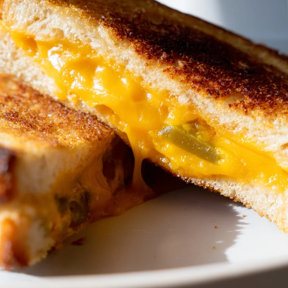 Freshly sliced Cheddar Jalapeño Grilled Cheese on a wooden board, melted cheese stretching, jalapeños peeking out for a spicy kick.