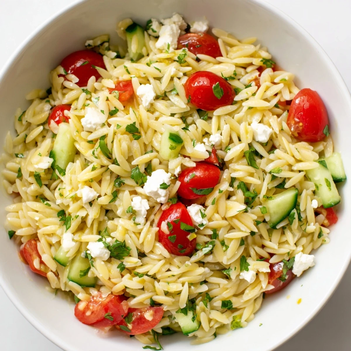Greek Orzo Salad served in a white bowl with a zesty lemon-oregano dressing, fresh parsley, and red onion slices for a Mediterranean side.  