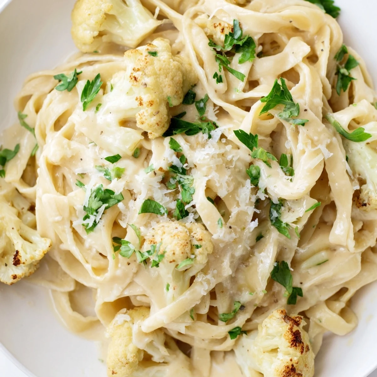 A warm plate of Roasted Cauliflower Alfredo tossed with fettuccine and topped with fresh parsley.  