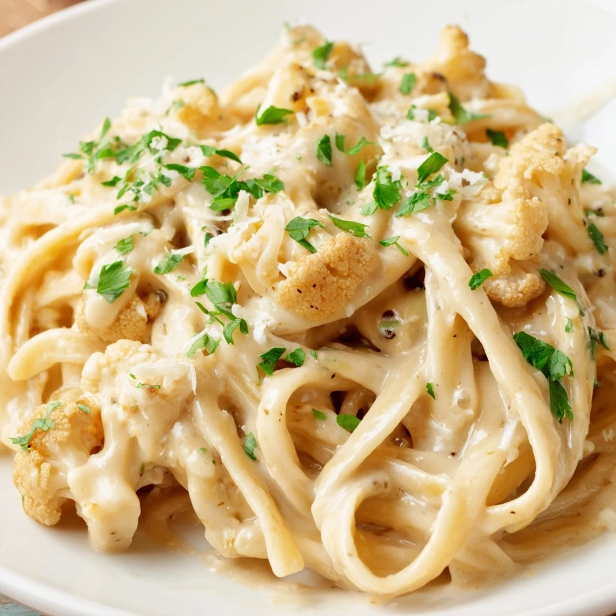 Savory Roasted Cauliflower Alfredo served hot, garnished with Parmesan, paired with a glass of white wine.