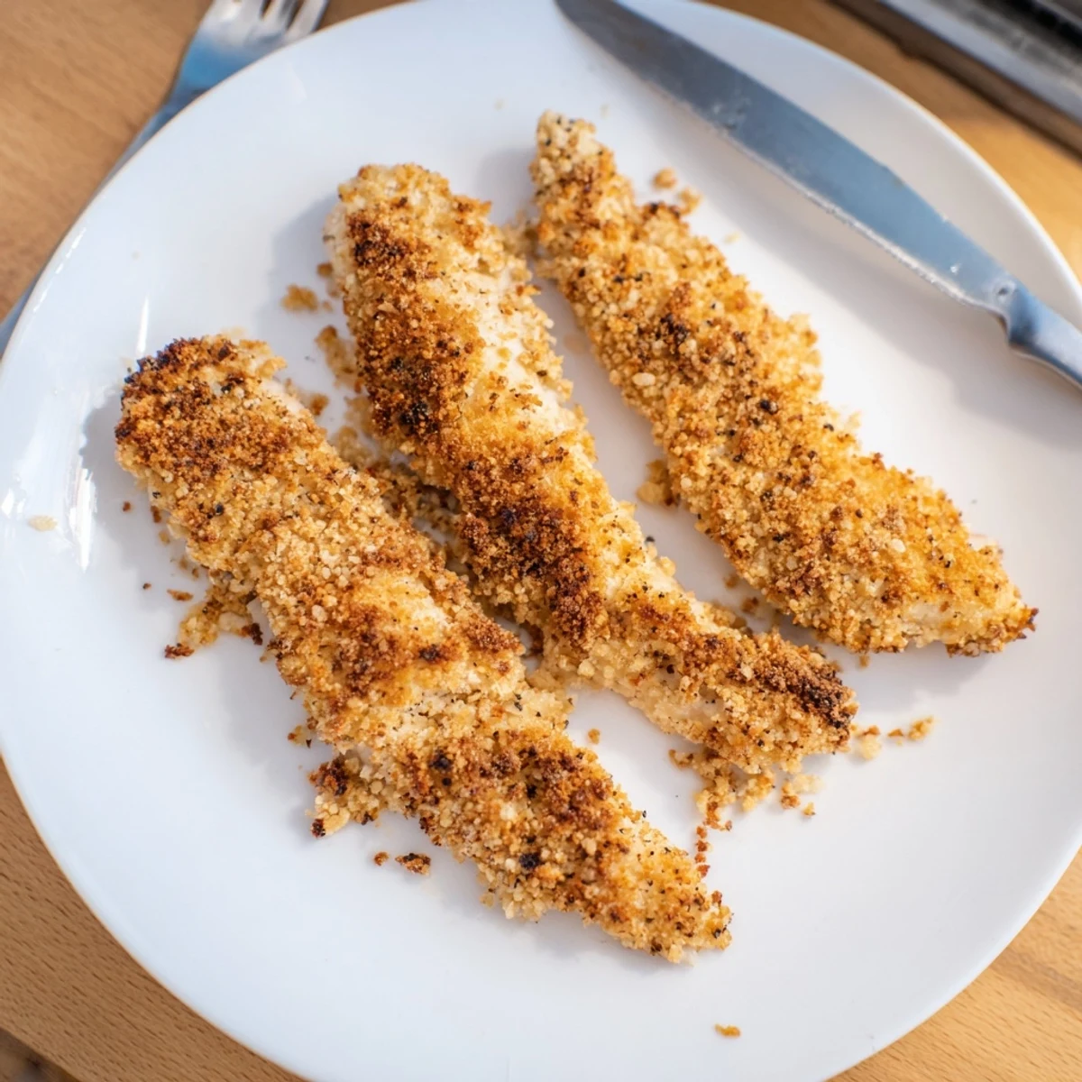 Crispy Panko Chicken Strips arranged on a wooden board, golden-brown with herbed breadcrumbs, served with honey mustard dipping sauce for a family dinner.  