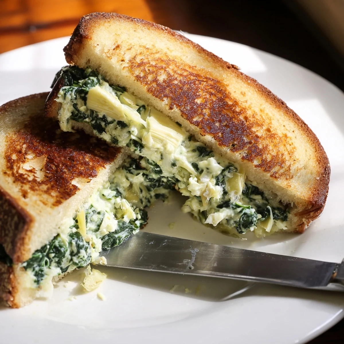 Crisp golden sourdough slices hold a creamy spinach and artichoke filling in this gourmet Spinach Artichoke Grilled Cheese.  