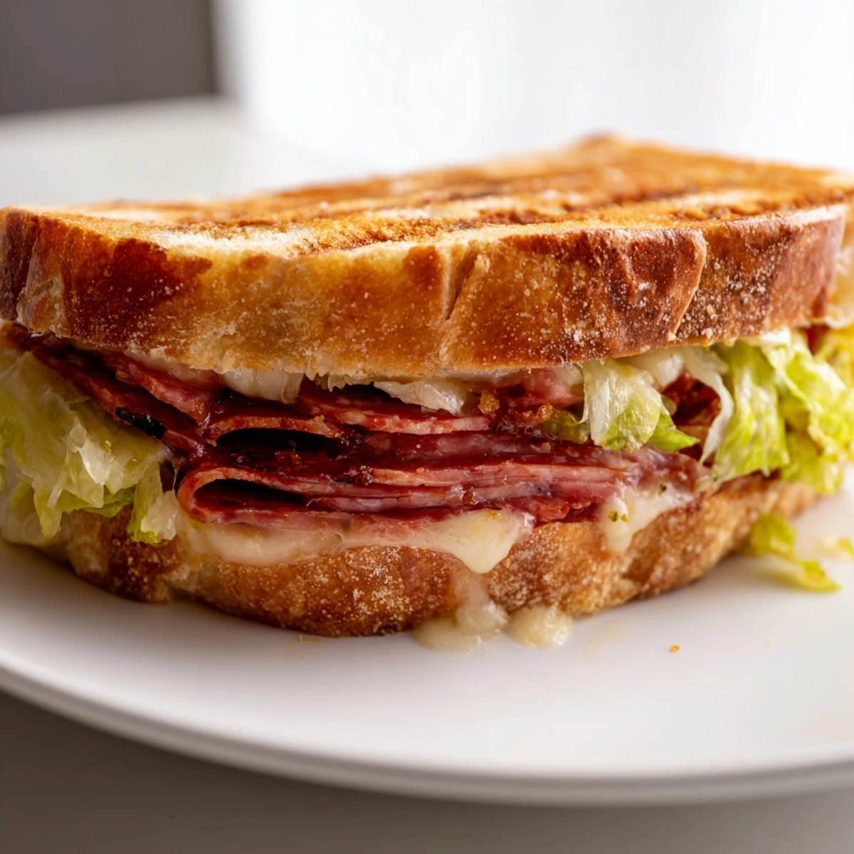 A close-up of an Italian Sub Grilled Cheese showing melted provolone oozing from golden, buttery grilled bread layered with salami and pepperoni.