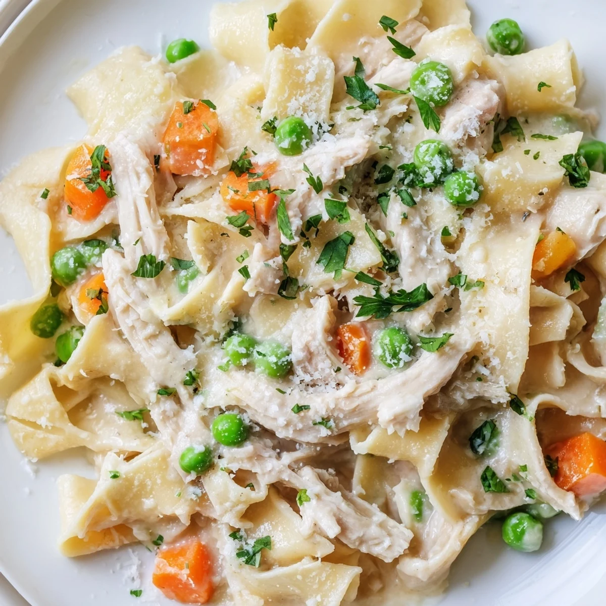 Spring Chicken Noodle Skillet features shredded chicken, peas, and carrots in a creamy sauce.  