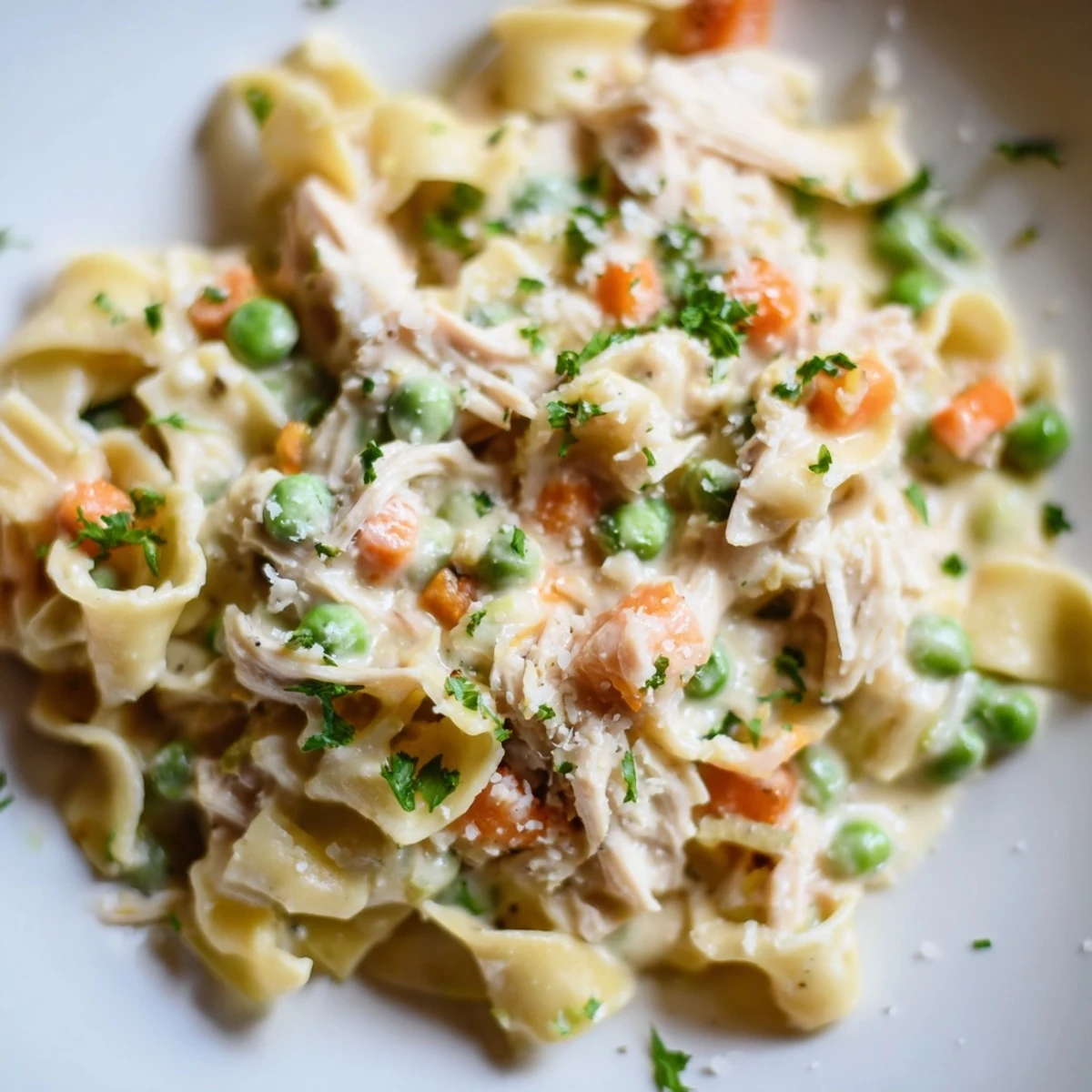 Hearty Spring Chicken Noodle Skillet served warm with egg noodles and fresh parsley garnish.  
