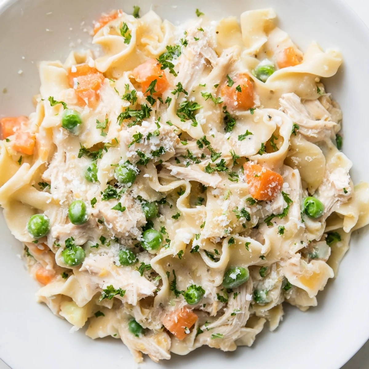 Family-friendly Spring Chicken Noodle Skillet with tender chicken and colorful vegetables in skillet.