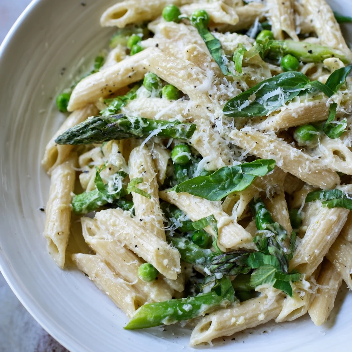 A close-up of Garlic Parmesan Spring Vegetable Pasta, garnished with fresh basil and extra grated Parmesan.