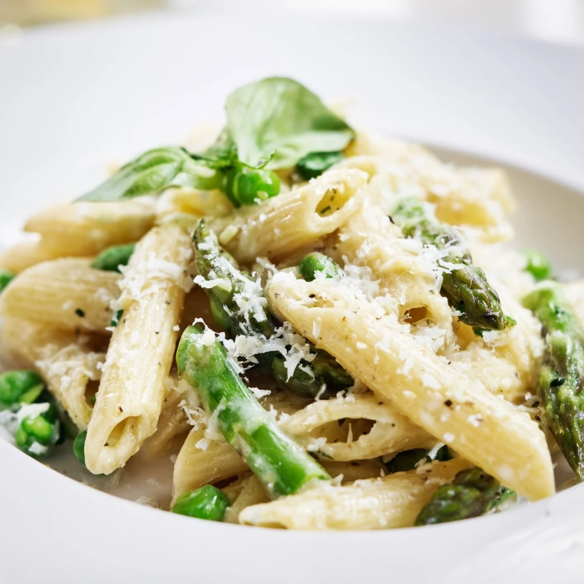 A vibrant serving of Garlic Parmesan Spring Vegetable Pasta, perfect for a light, satisfying weeknight dinner.