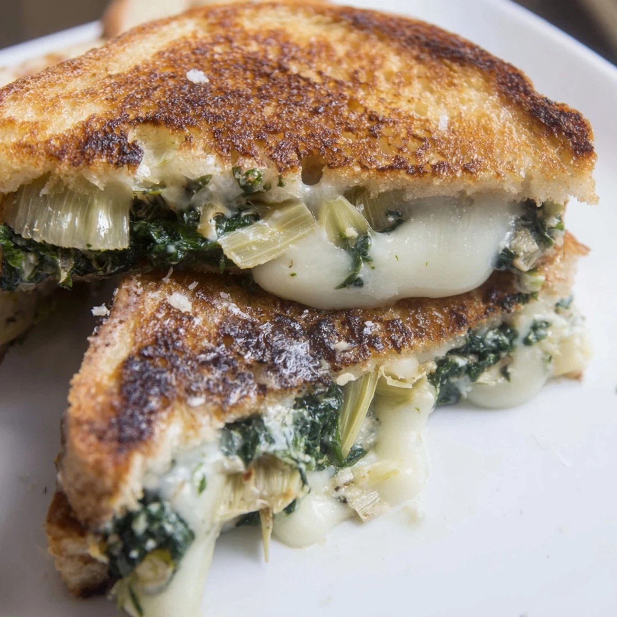 Golden-brown sourdough slices of Artichoke Spinach Grilled Cheese, with a rich, creamy filling of spinach and artichoke hearts melted between crispy crusts.  