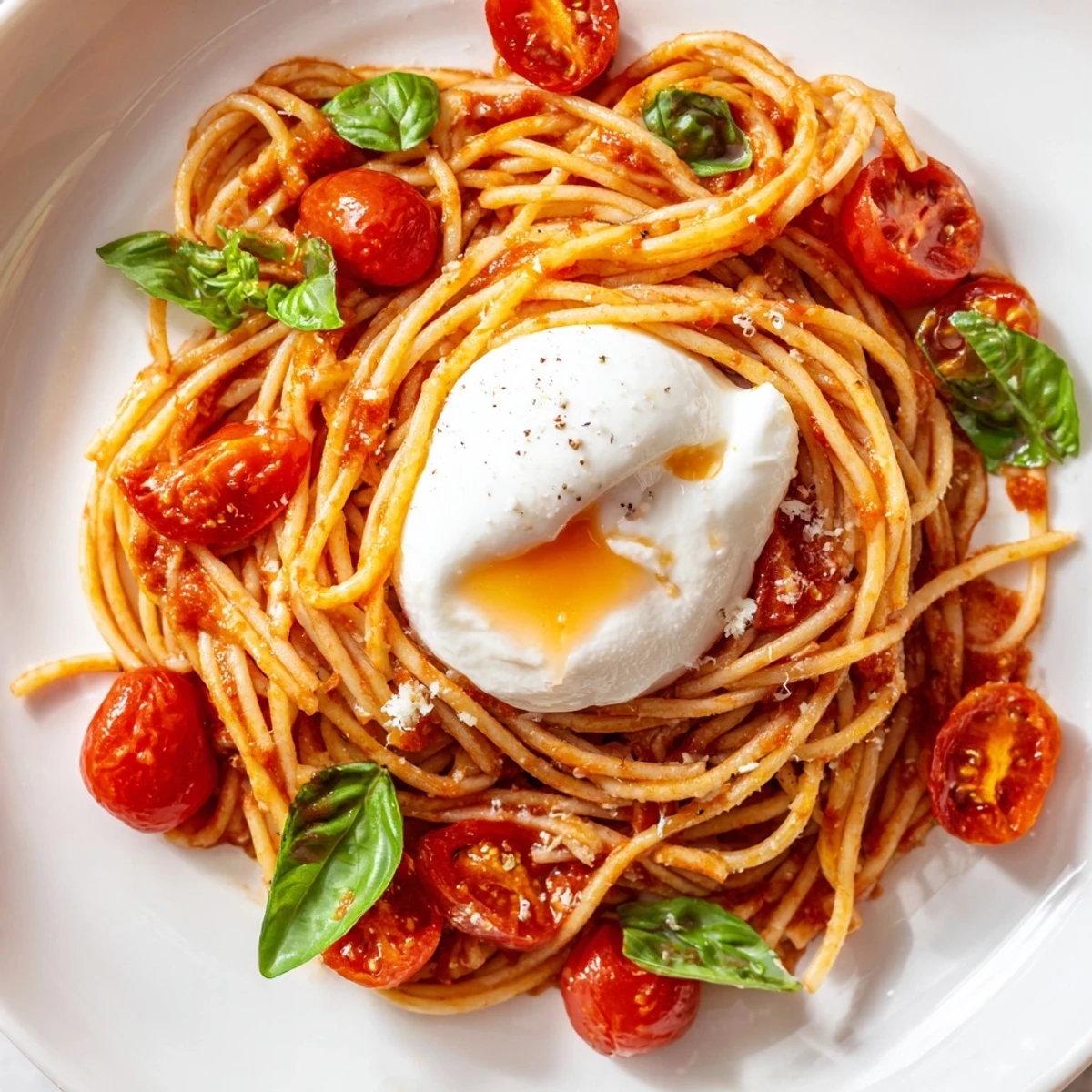 Burrata Caprese Pasta served in a skillet, featuring vibrant tomatoes, basil, and a drizzle of olive oil.  