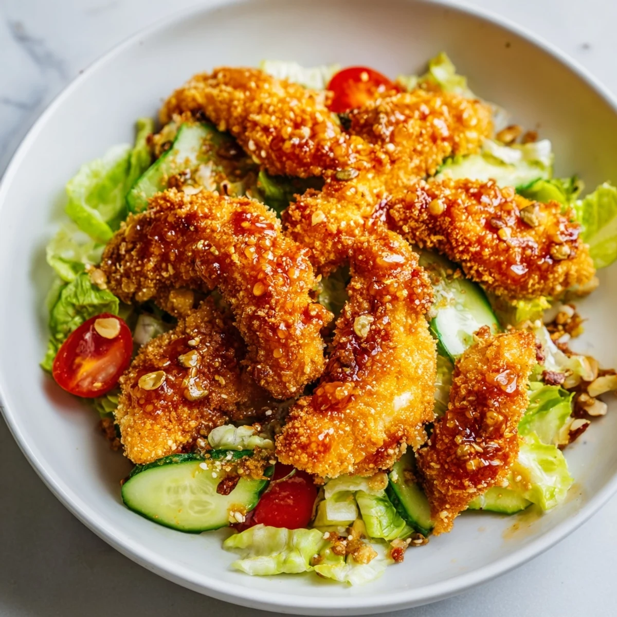 Golden-brown crispy chicken strips glazed with hot honey rest on a bed of fresh chopped romaine, cucumber, and tomatoes.