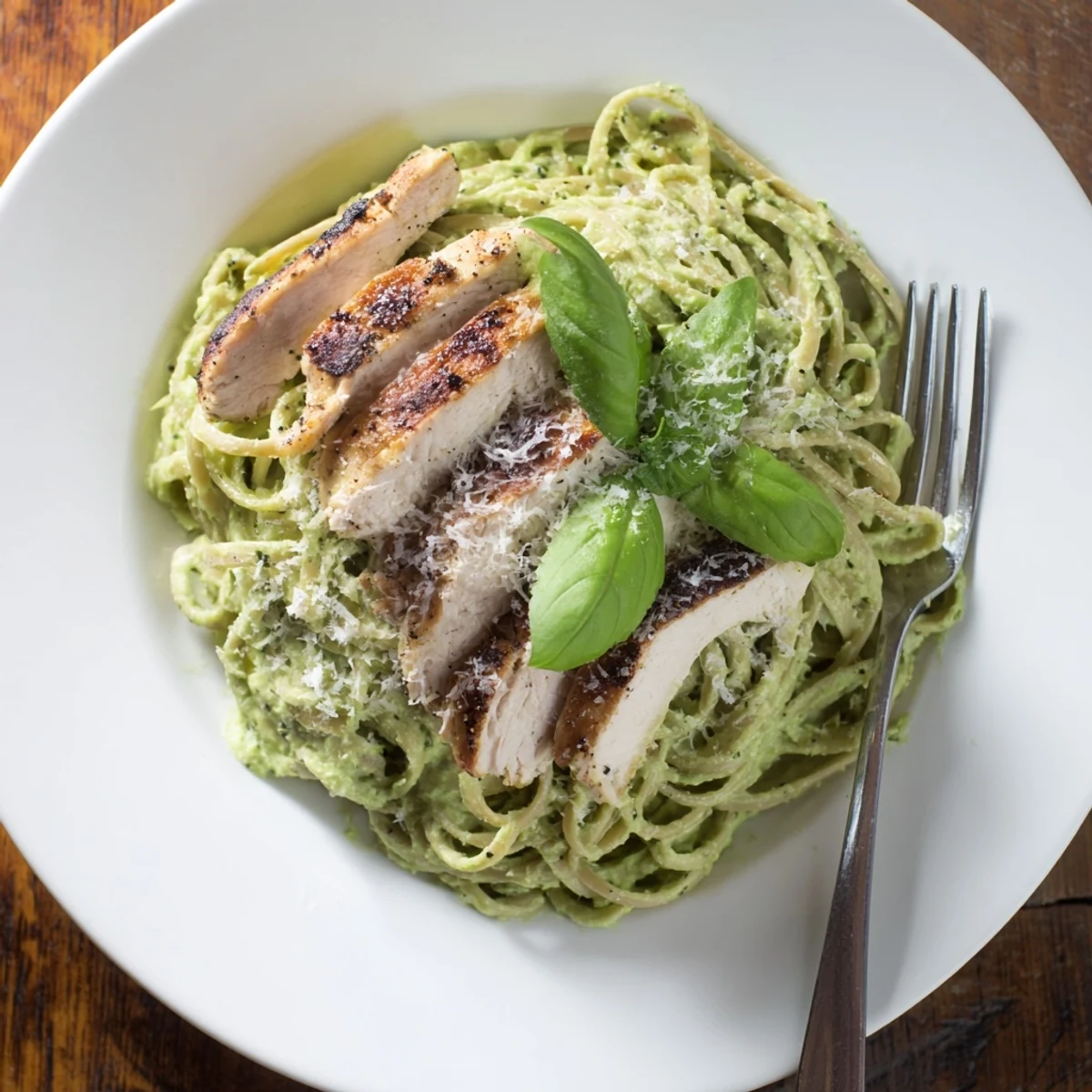 Creamy Avocado Chicken Pasta features sliced grilled chicken on fettuccine tossed with a vibrant, silky avocado basil sauce.