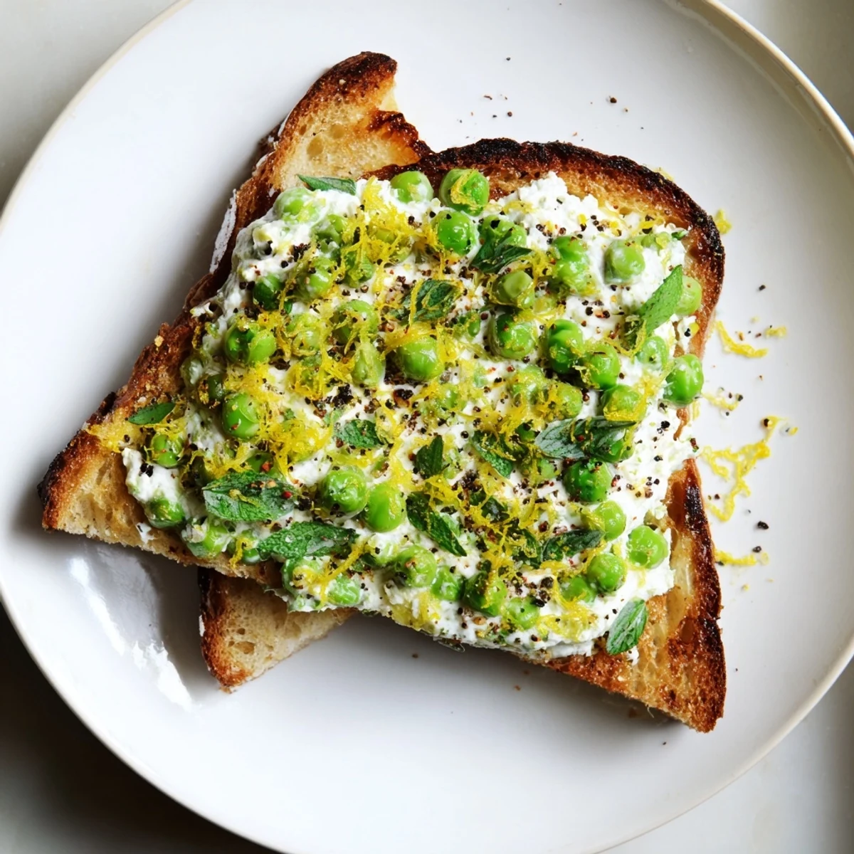 Freshly spread Pea & Mint Ricotta Toast on toasted sourdough, topped with bright lemon zest for a vibrant, creamy bite.  