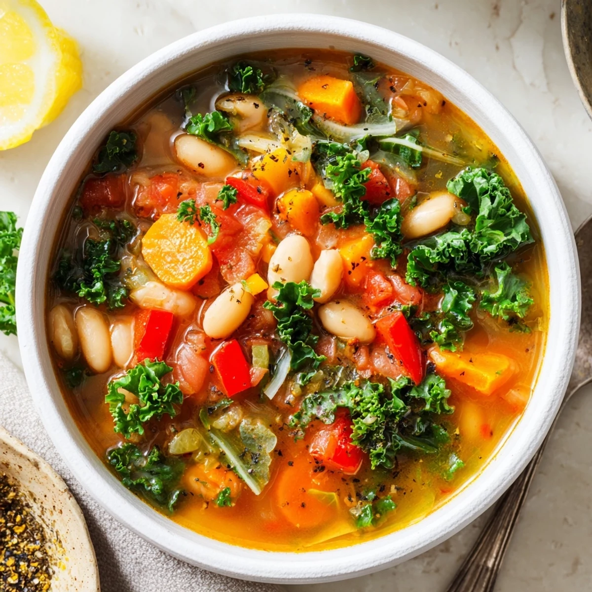 A steaming bowl of Mediterranean White Bean Stew, garnished with fresh parsley and lemon wedges, ready to serve.  